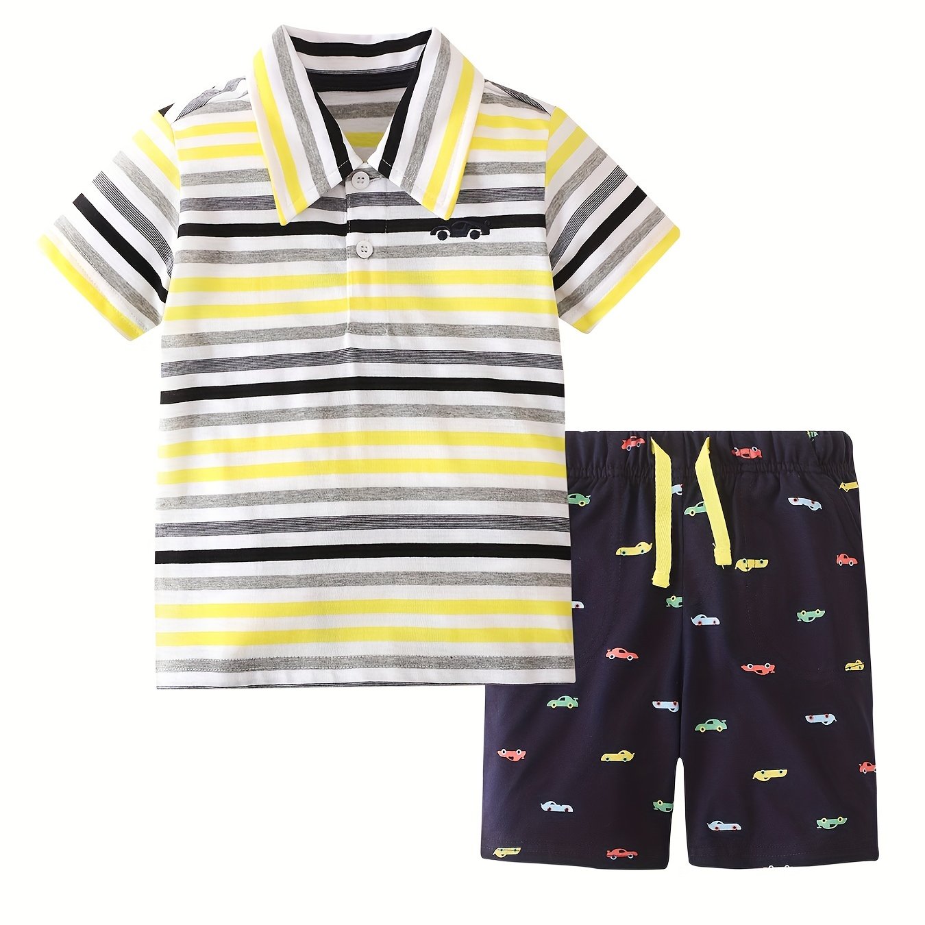 Cartoon Car Shorts & Striped T Shirt Set For Kids Breathable Cotton