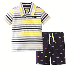 Cartoon Car Shorts & Striped T Shirt Set For Kids Breathable Cotton