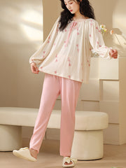 Floral Print Pajama Set Lace Up Top & Pants