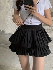 Pleated Layered Mini Skirt Solid Summer Women's Clothing