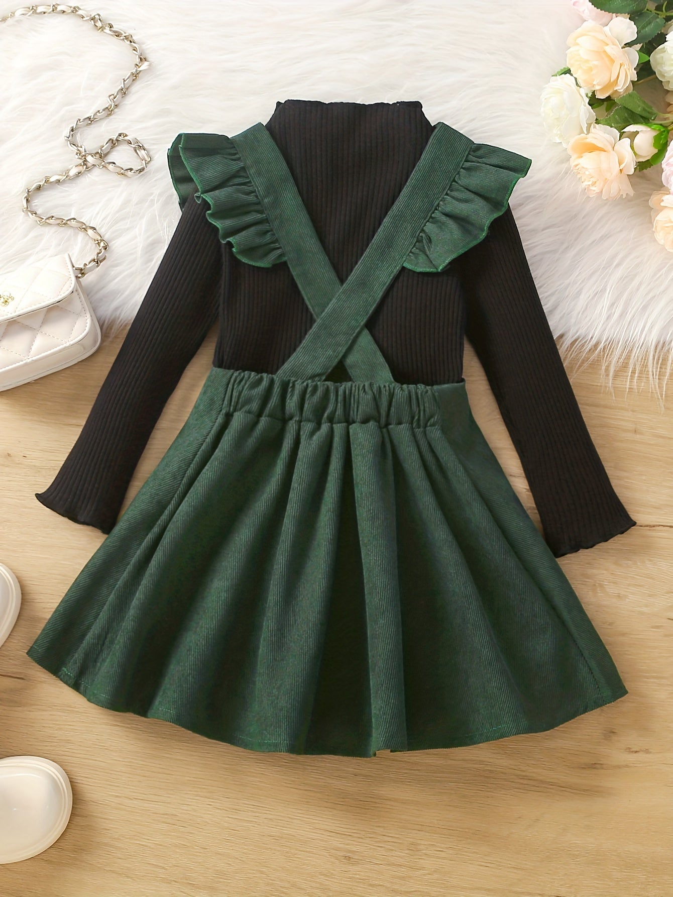 Girl's Preppy Style 2pcs Ribbed Top & Corduroy Overall Skirt Set