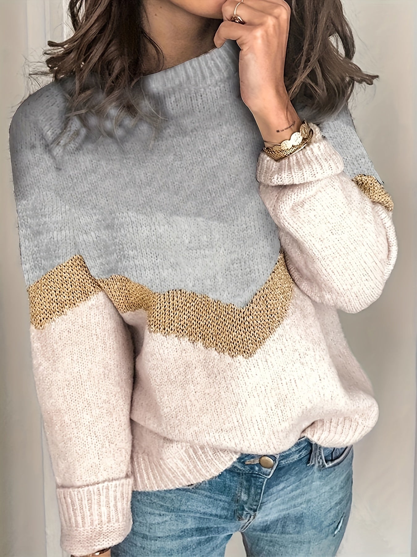 Colorblock Long Sleeve Round Neck Sweater
