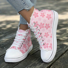 Pink Floral High Top Canvas Sneakers Lace Up Flat Shoes