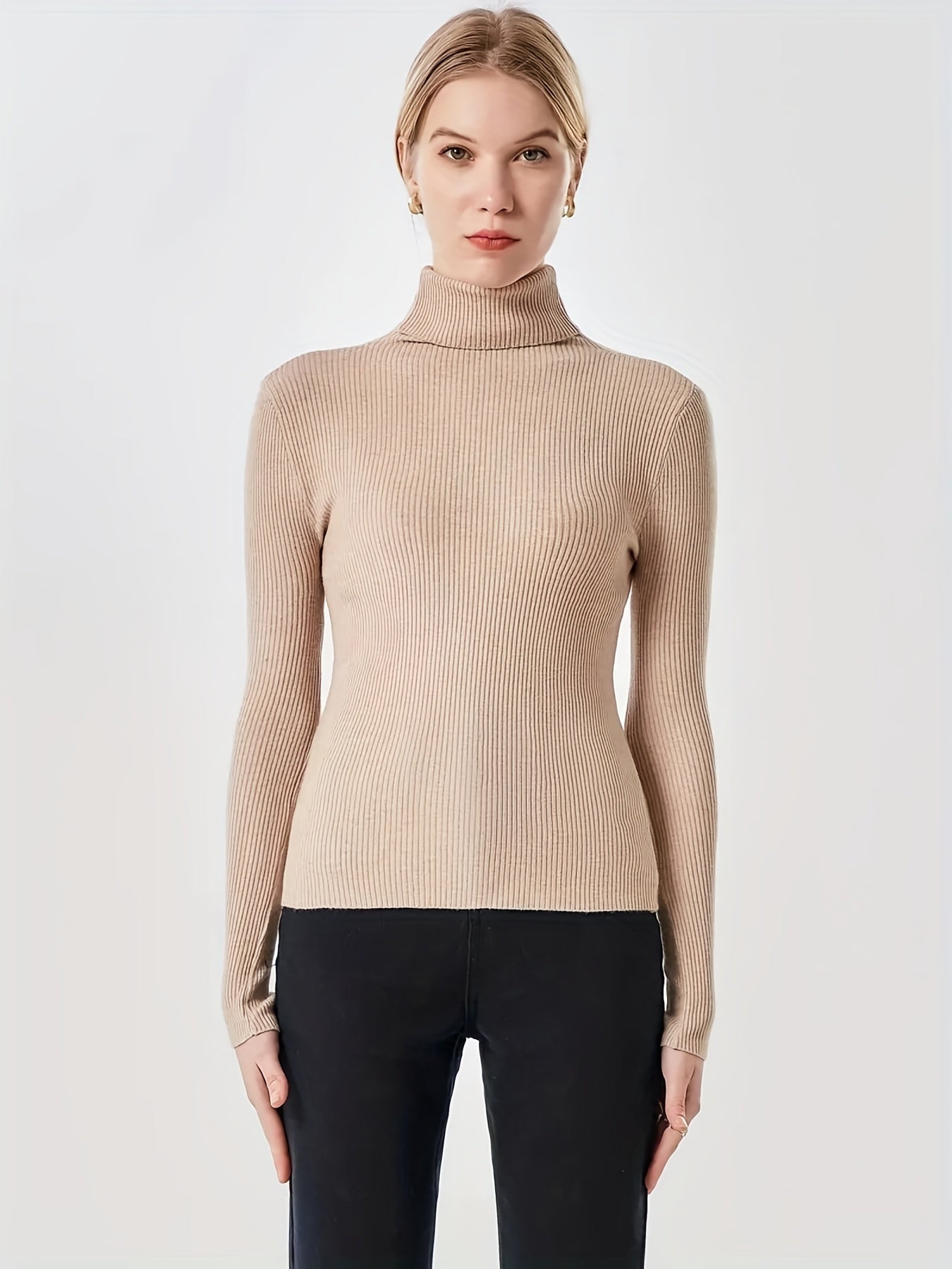Solid Turtleneck Sweater Casual Long Sleeve Sweater For Fall & Winter