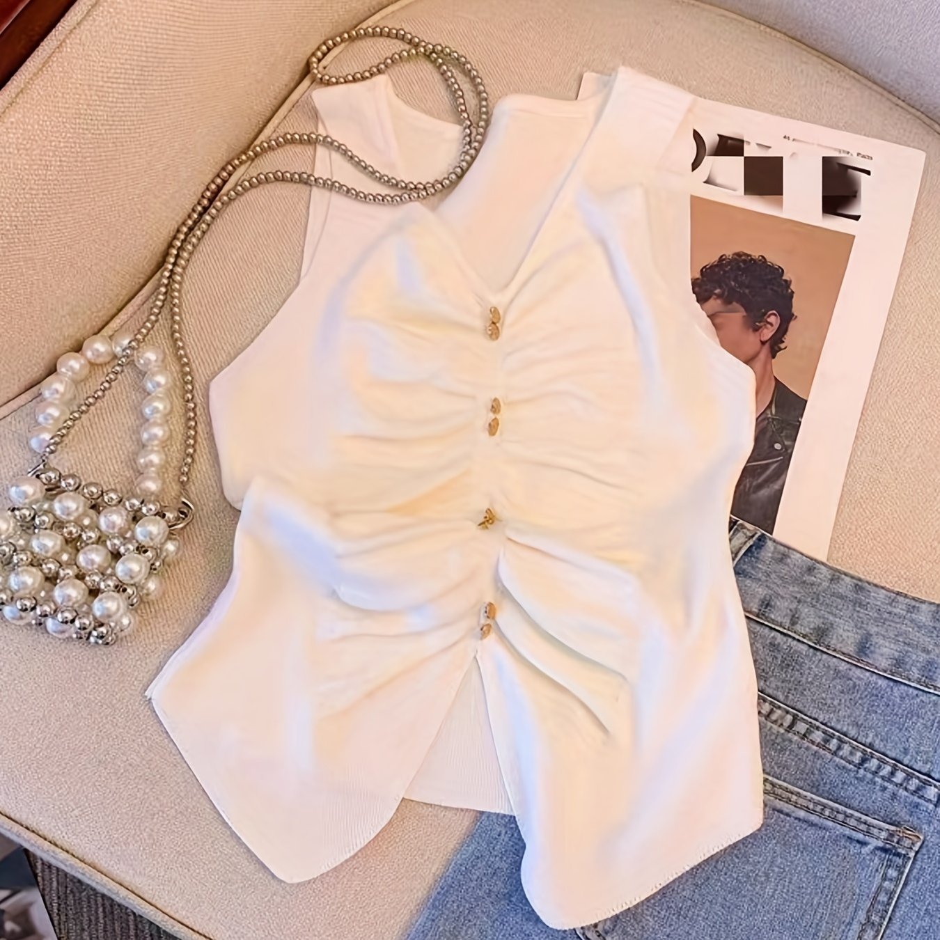 V Neck Tank Top Sleeveless Solid Button Front Tank