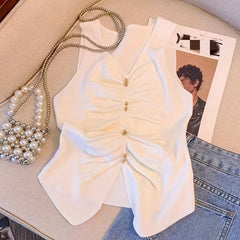 V Neck Tank Top Sleeveless Solid Button Front Tank