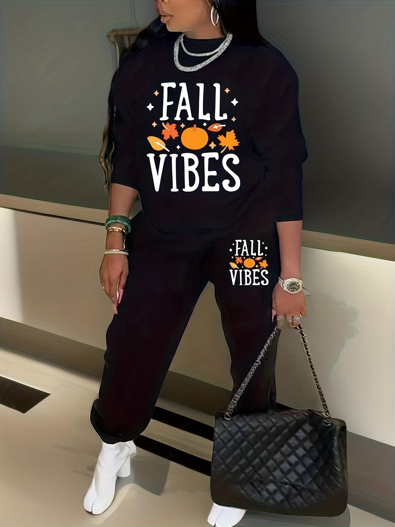 Plus Size Letter & Graphic Print 2 Piece Set