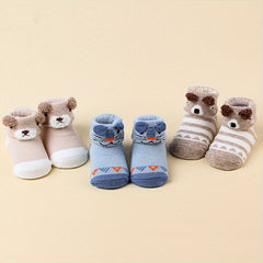 3pairs Baby Girls Cartoon Animal Puppy Non slip Floor Socks Cotton Blend