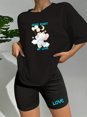 Elephant Print Lounge Set Short Sleeve Crew Neck Top & Elastic Waistband Shorts