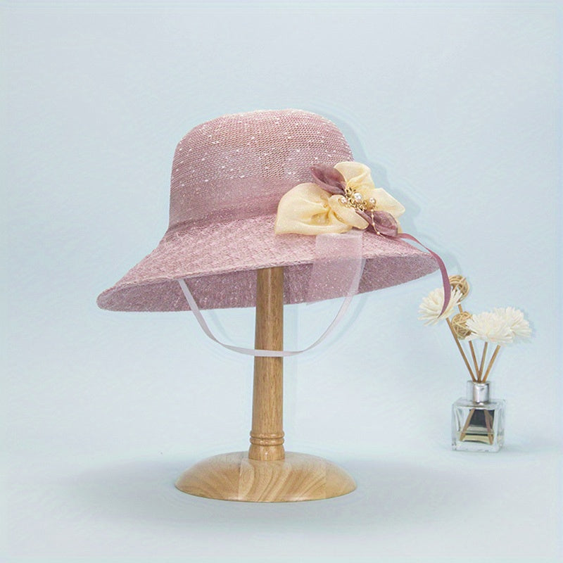 Foldable Flower Sun Hat Lace Ribbon Decor Sunscreen Basin Hat