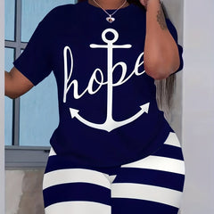Women's Plus Size Letter & Anchor Print Top & Striped Shorts Set