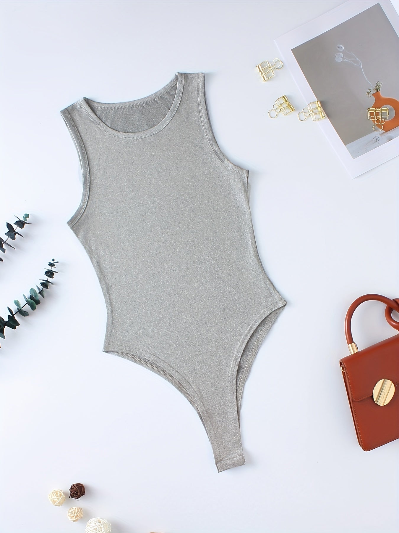 Solid Sleeveless Bodysuit Casual Crew Neck Summer Bodysuit Women's Clothing