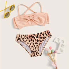 2Pcs Girls Leopard Bow Front Bikini Set Girls Split Bathing Suit Summer Swimsuit