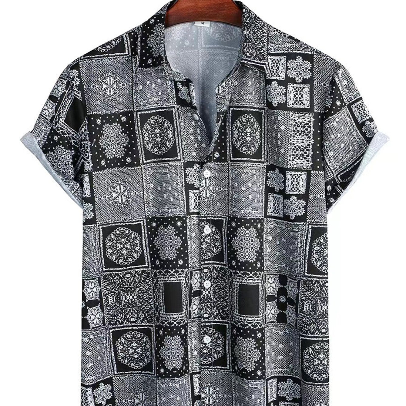 Vintage Geo Print Men Crop Collar Blouse