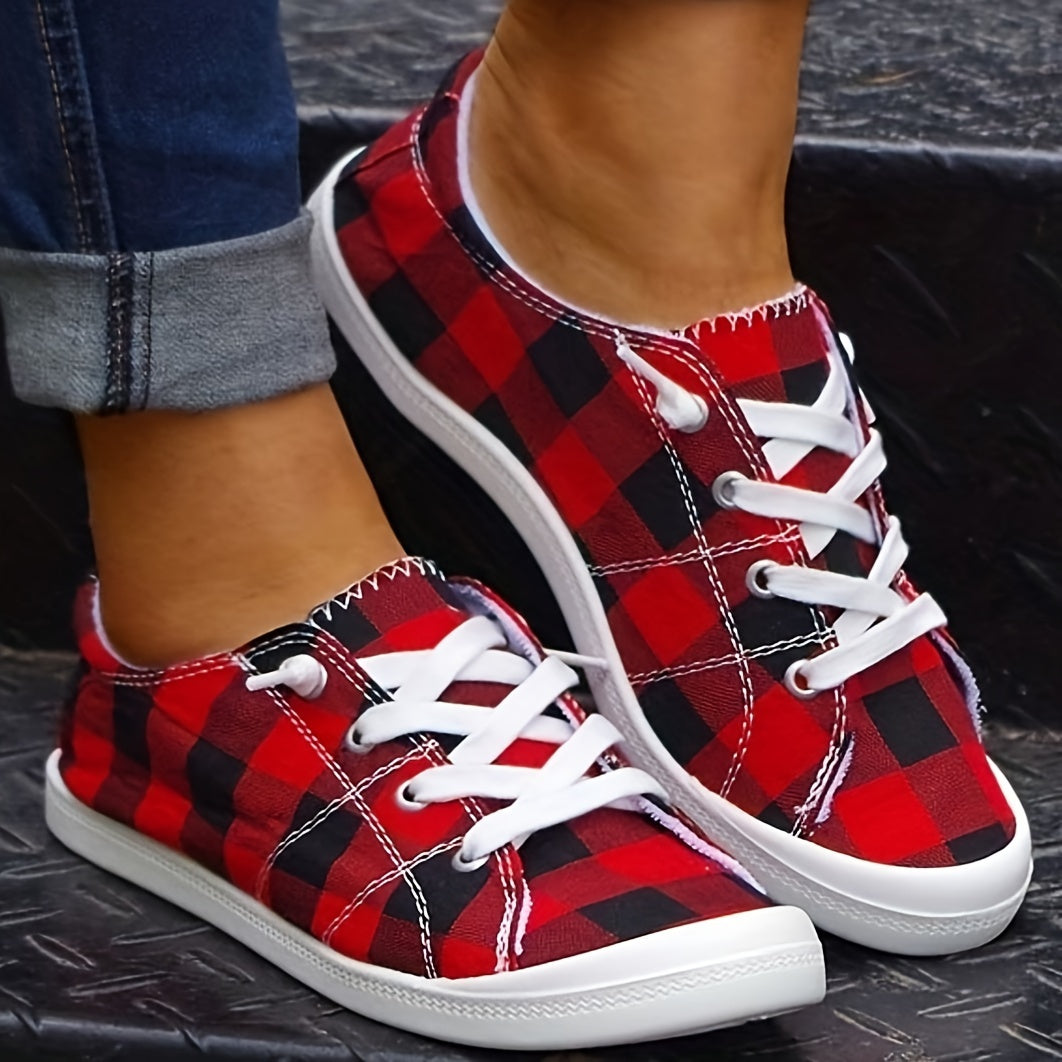 Plaid Pattern Non-slip Flat Shoes Women's Casual Lace Up Sport Shoes