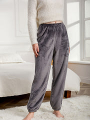 Letter Embroidery Lounge Pants Warm & Soft Fuzzy Elastic Waistband