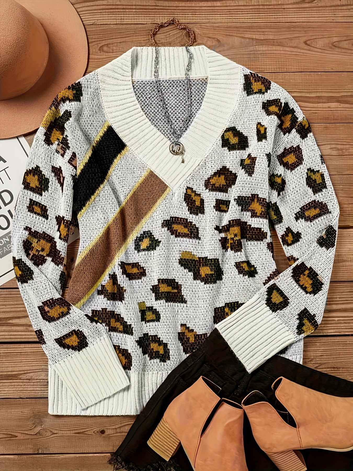 Colorblock Leopard Print V-Neck Sweater