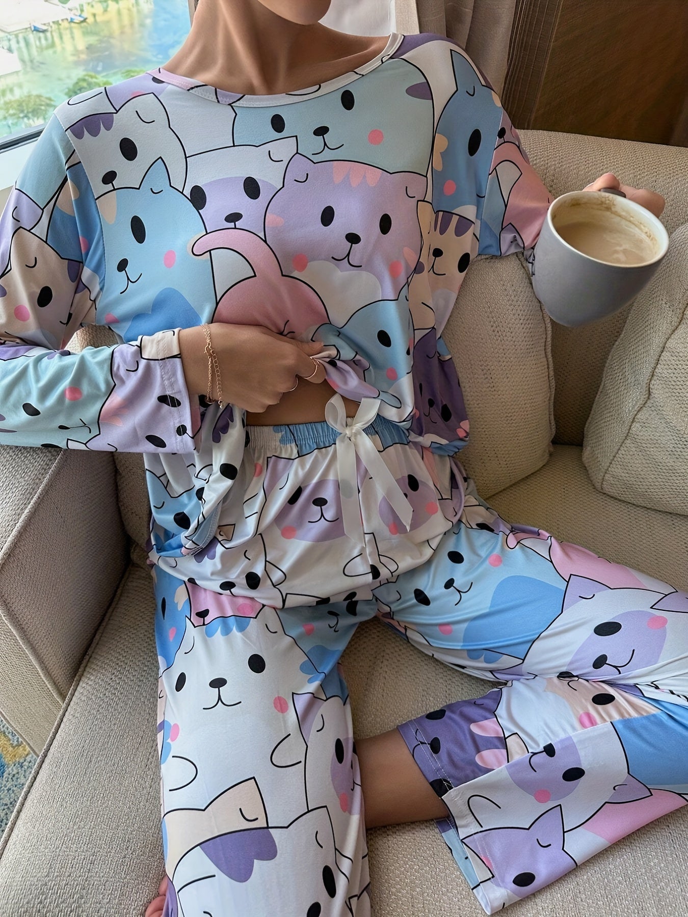 Cat Print Pajama Set Long Sleeve Top & Pants