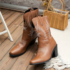 Women's Retro Western Embroidery Cowboy Boots Chunky Low Heeled Mid Calf Boots