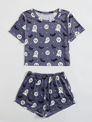 Cartoon Ghost Lounge Set Halloween Short Sleeve Top & Shorts Women's Sleepwear