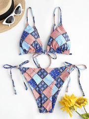 Paisley Print Bikini Sets V Neck Spaghetti Straps Tie Back Backless Swimsuit