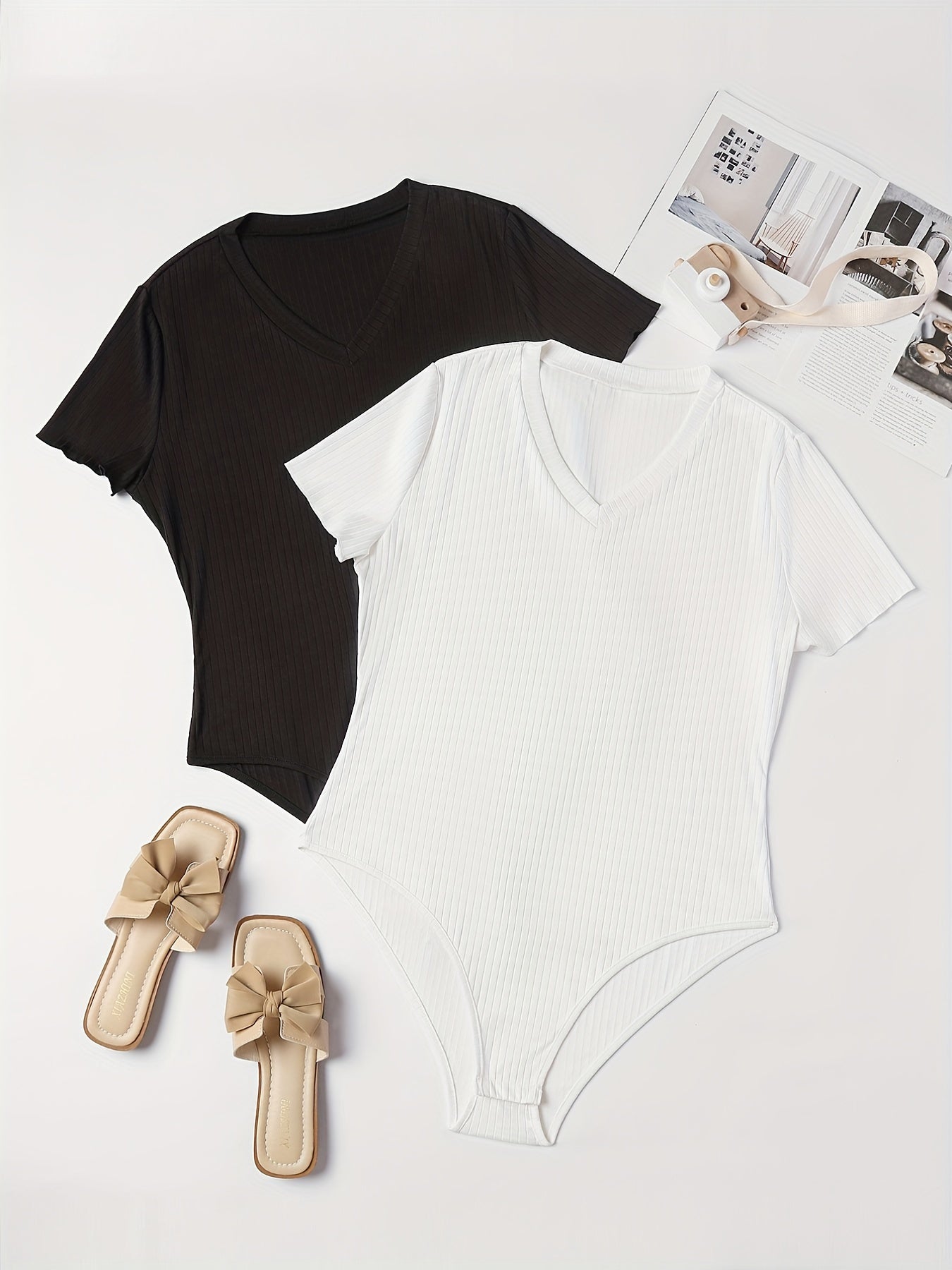 Basic Bodysuit V Neck Short Sleeve