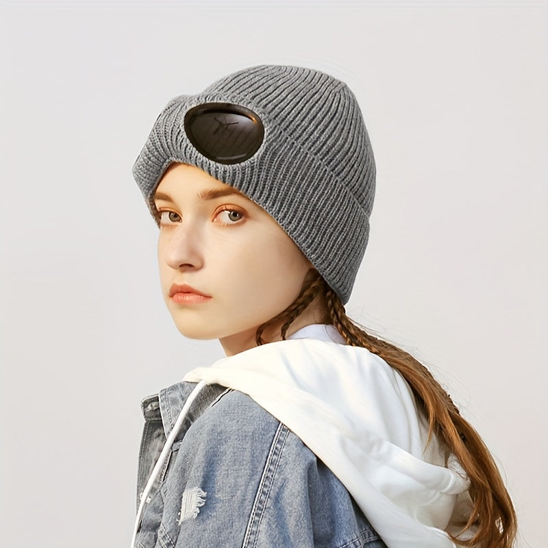 Knitted Hat With Sunglasses For Autumn And Winter Coldproof Beanie