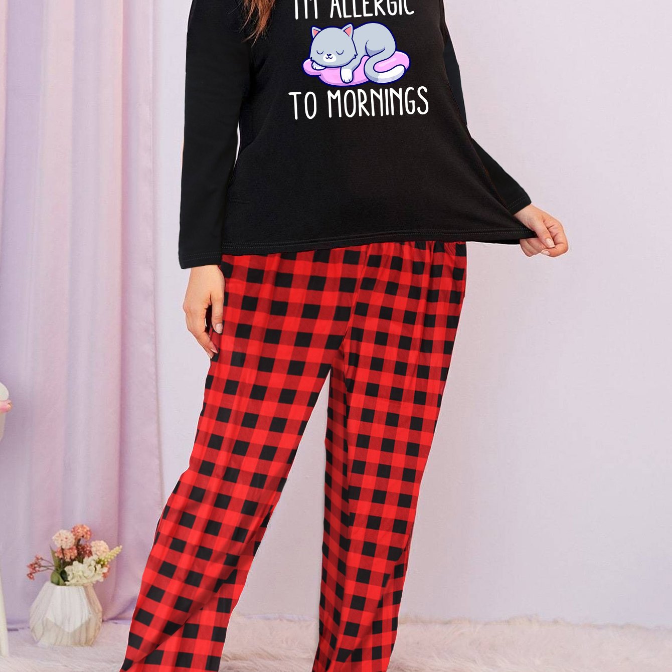 Cat & Letter Graphic Long Sleeve Tee & Plaid Pants Lounge Set