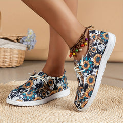Women's Sunflower Pattern Boat Shoes Lace up Walking Shoes