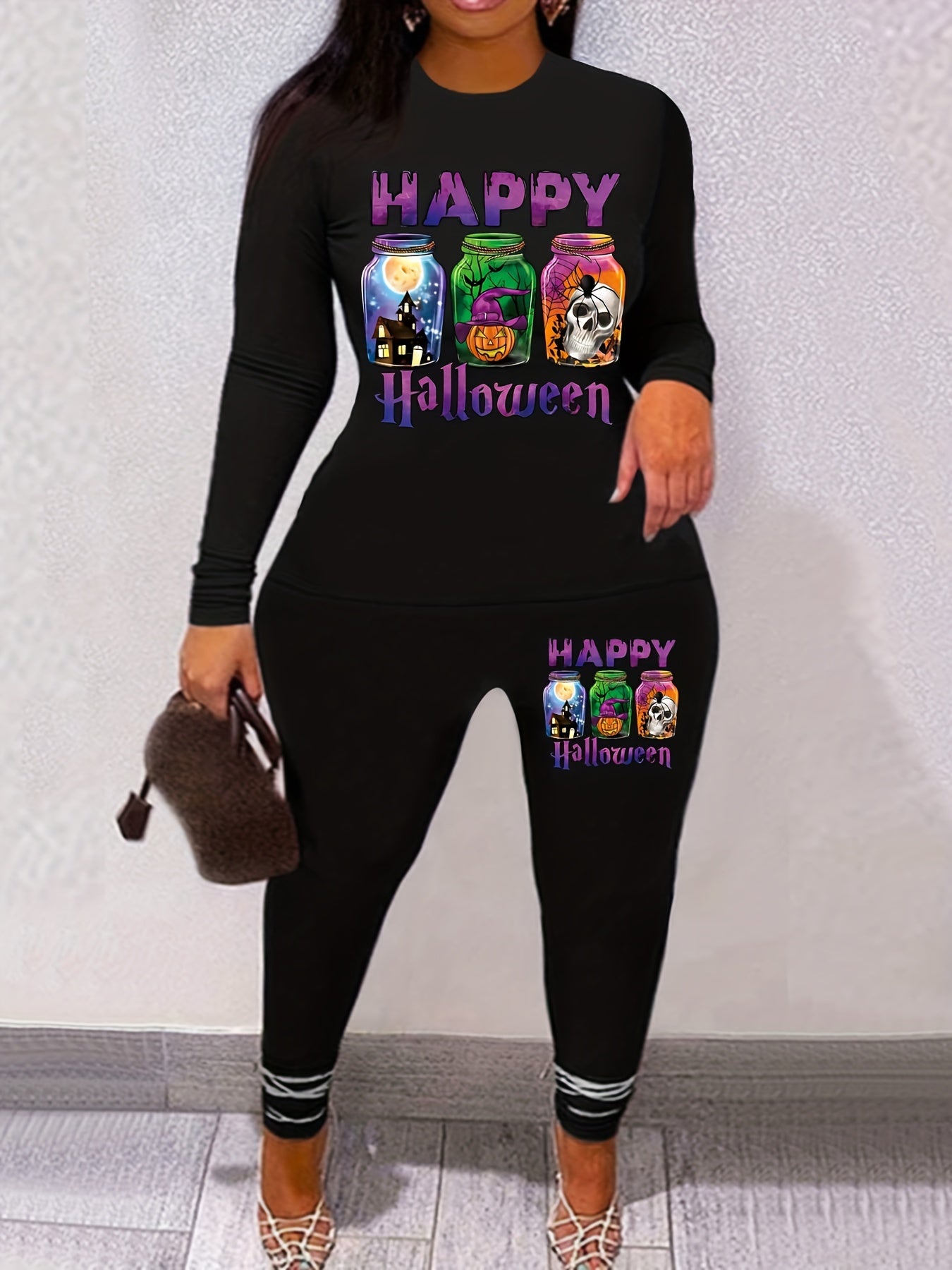 Halloween Print Two piece Set Casual Long Sleeve Tee & Skinny Pants