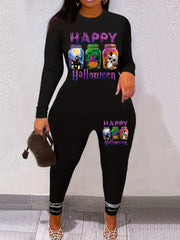 Halloween Print Two piece Set Casual Long Sleeve Tee & Skinny Pants