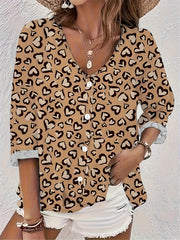 Heart Print Button Up Long Sleeve V Neck Blouse