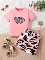 Girl's Leopard Heart T-shirt & Camo Shorts Set for Summer