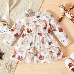 Baby Girl's Animal Print Long Sleeve Dress Kid's Pleated Dress