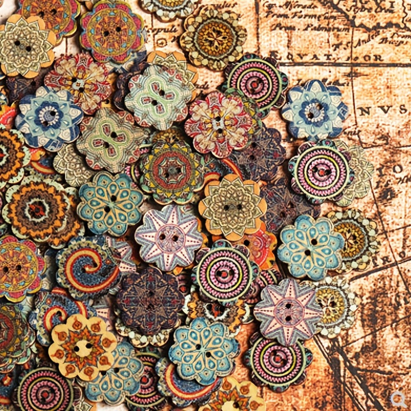 100pcs Bohemian Floral Button Retro Cartoon Wooden Buckle DIY Decoration