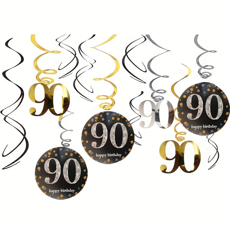 12pcs 90th Birthday Hanging Swirl Decorations - Foil Streamers Ceiling Whirls
