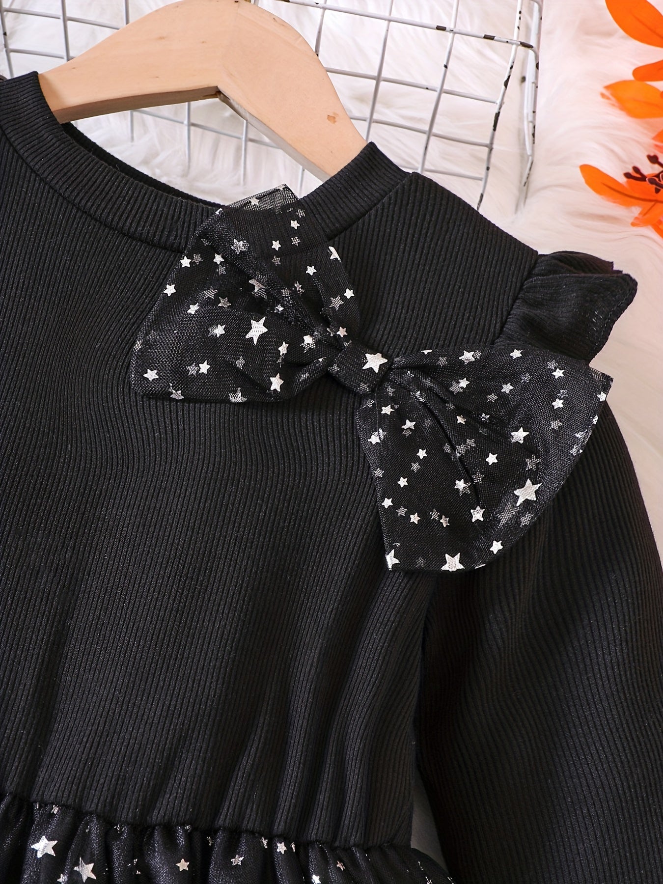 Youth Girl Starry Sky Spliced Mesh Long Sleeve Bowknot Party Dress Set