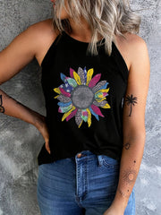 Colorblock Flower Print Top Halter Neck Summer Sleeveless Top