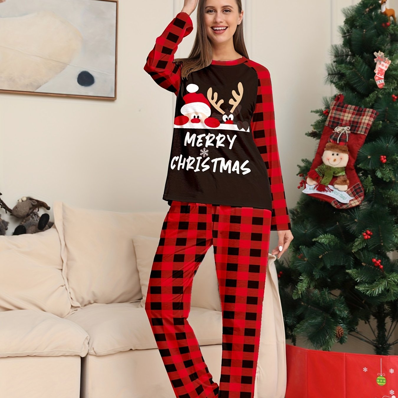 Christmas Deer Print Pajama Set Long Sleeve Top & Pants Women's Loungewear