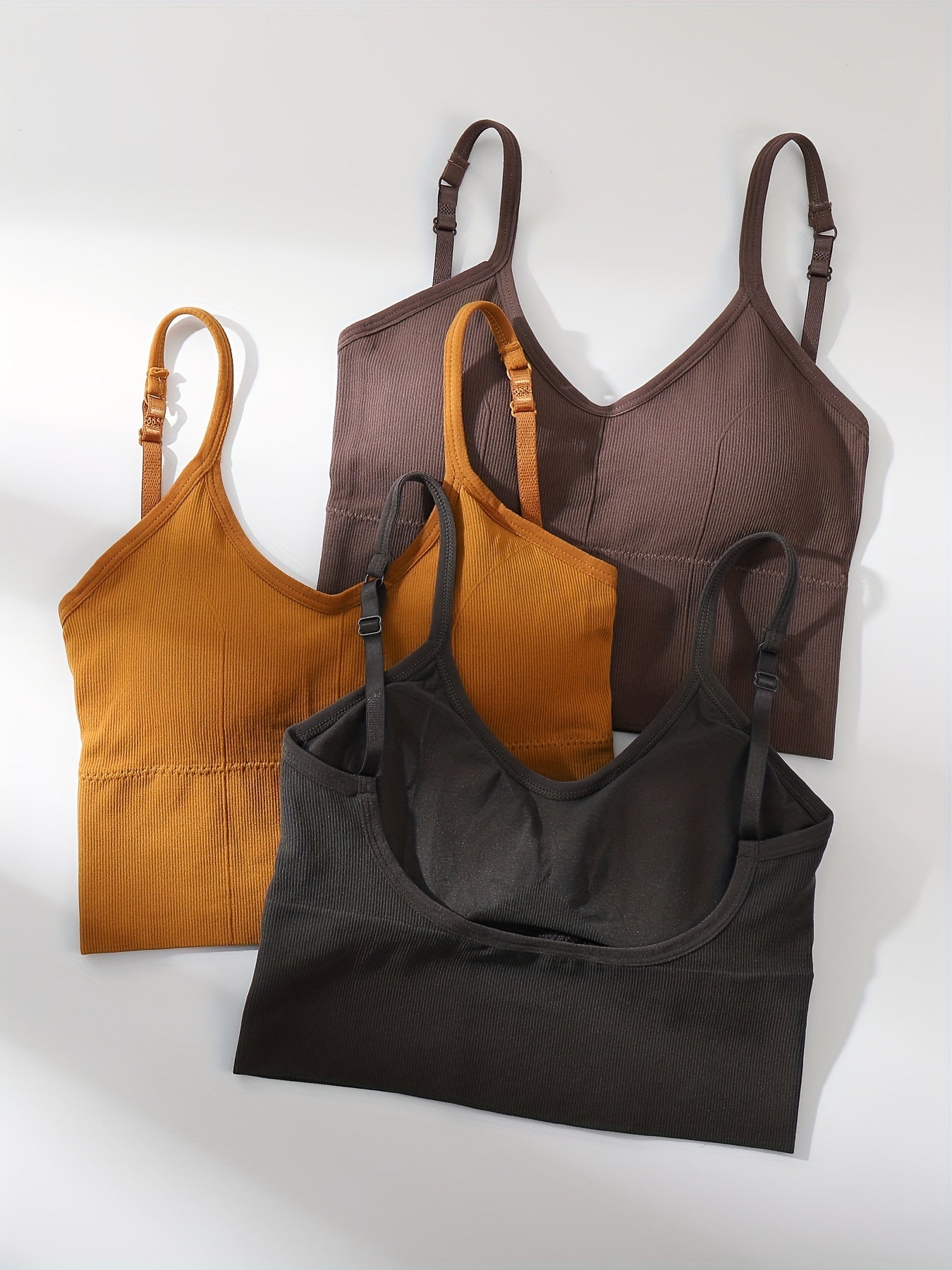 3pcs Solid Ribbed Cami Tops V Neck Sleeveless Sports Top Women's Lingerie