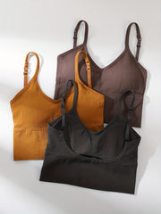 3pcs Solid Ribbed Cami Tops V Neck Sleeveless Sports Top Women's Lingerie