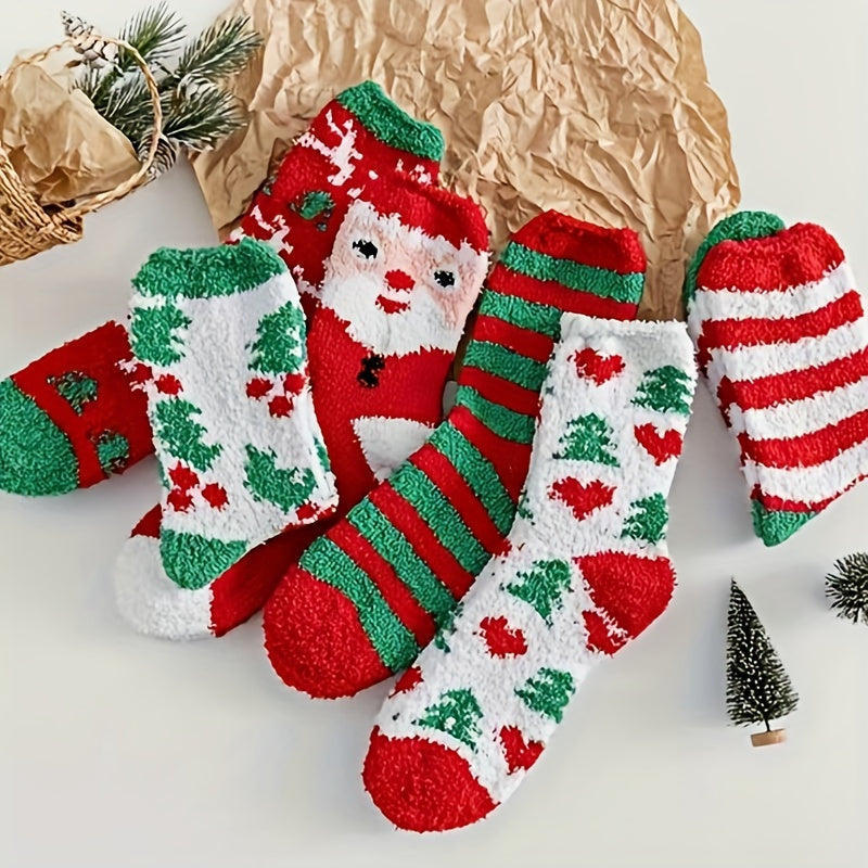 6 Pairs Christmas Fluffy Socks Winter Warm Cartoon Cozy Sleep Socks