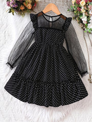 Girls Mesh Polka Dot Dress with Bow