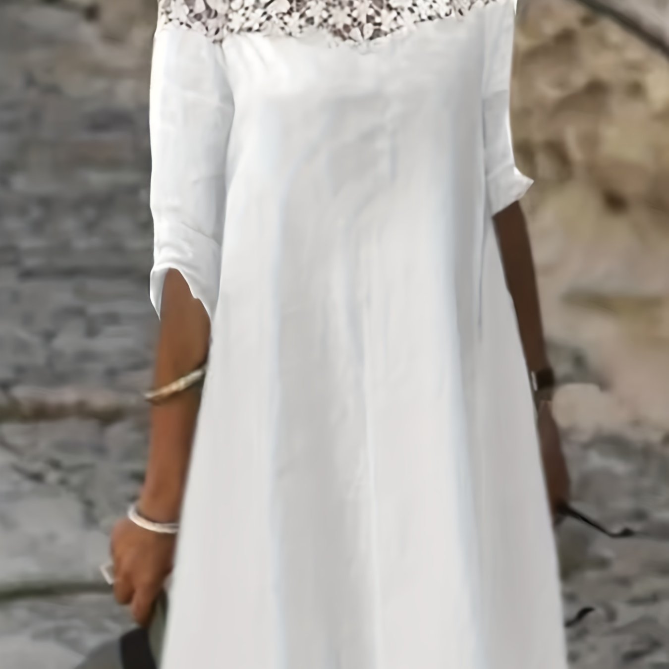 Casual Dress Women's Plus Solid Contrast Lace Short Sleeve Dress