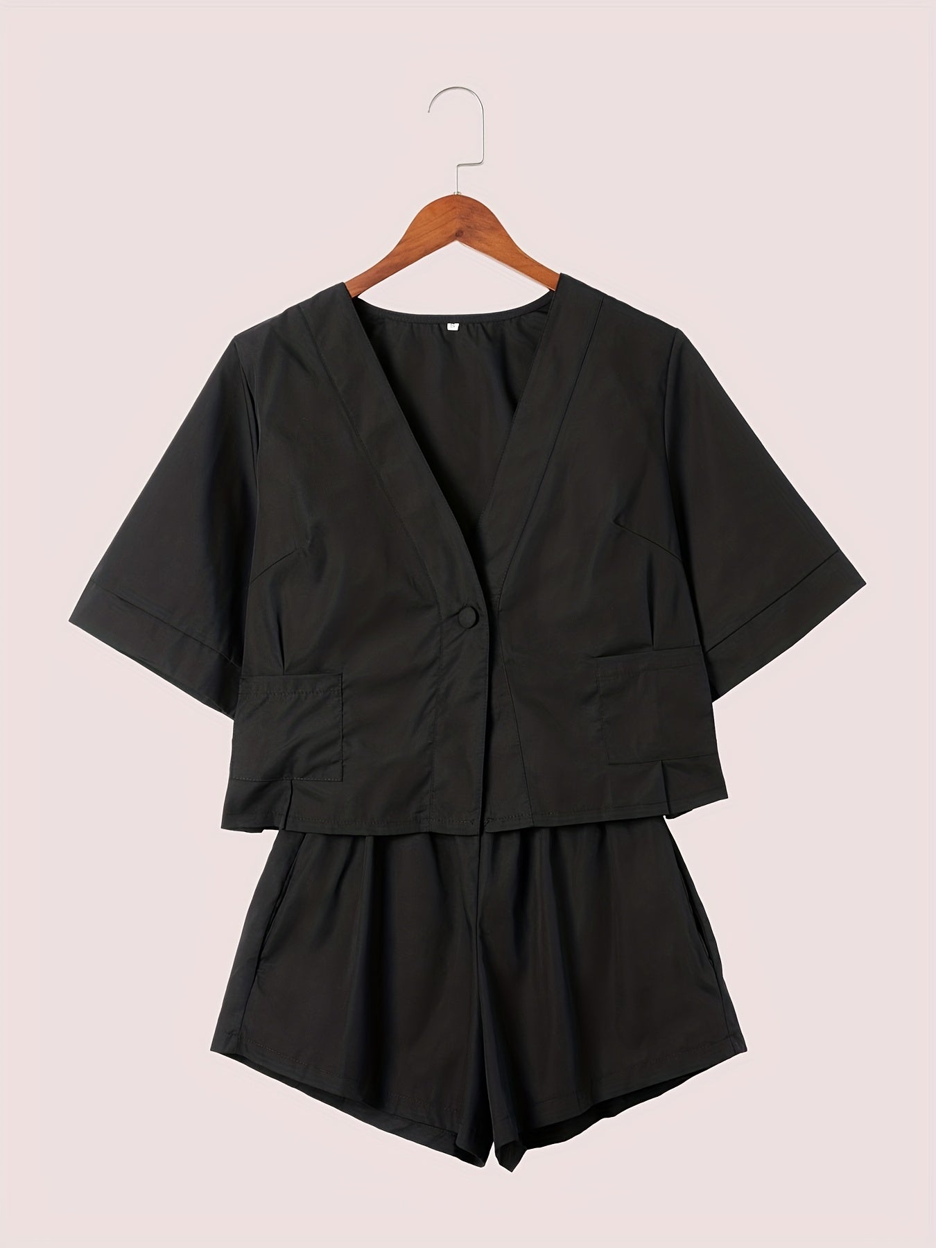 V Neck Top & Loose Shorts Set Casual Solid Two Piece Outfit