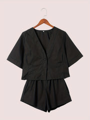 V Neck Top & Loose Shorts Set Casual Solid Two Piece Outfit