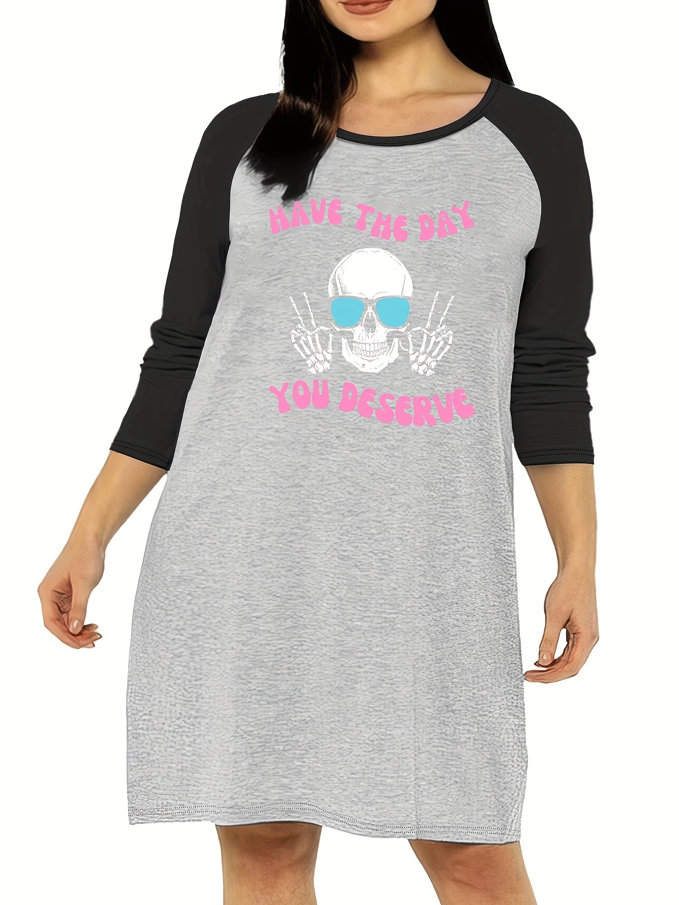 Funny Skull Print Raglan Sleeve Tee Sleep Dress