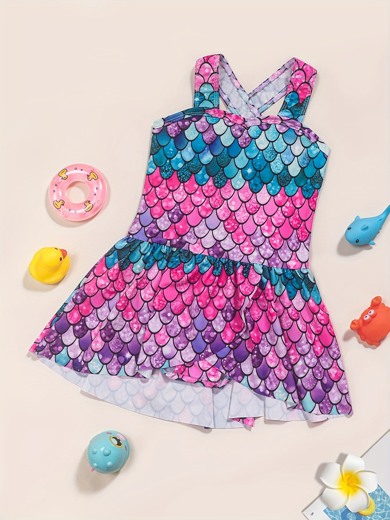 Girls One Piece Swimsuit Fish Scale Print Cross Strap Dress