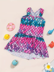 Girls One Piece Swimsuit Fish Scale Print Cross Strap Dress