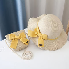 Girls Bow Decor Beach Straw Hat Sun Protection Sunshade Hat & Handbags Set